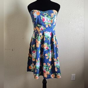 Floral Strapless Dress - Blue and Multicolor